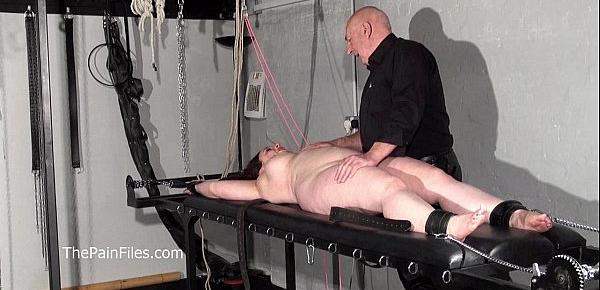  Nipple tortured crying fat slaveslut on punishment rack is whipped and tormented